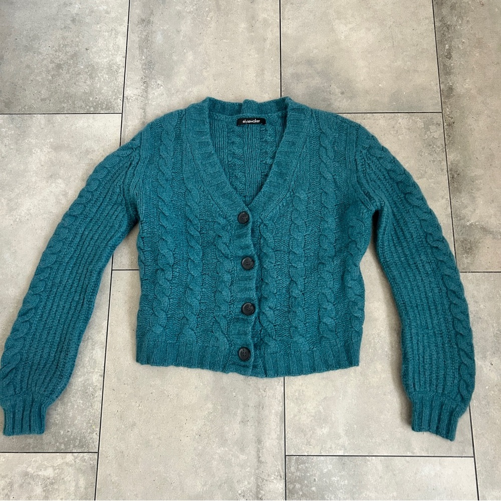 Elyse Walker Cashmere Cropped cable knit teal cardigan sweater S/M